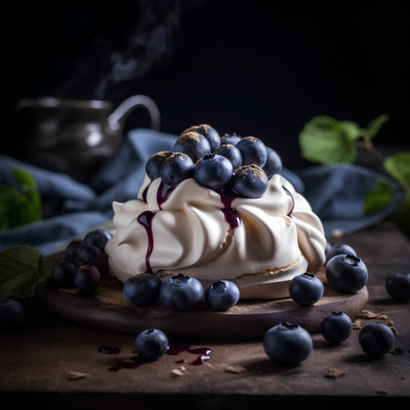 Meringue Pavlova with fresh blueberries on wooden backgroundの素材