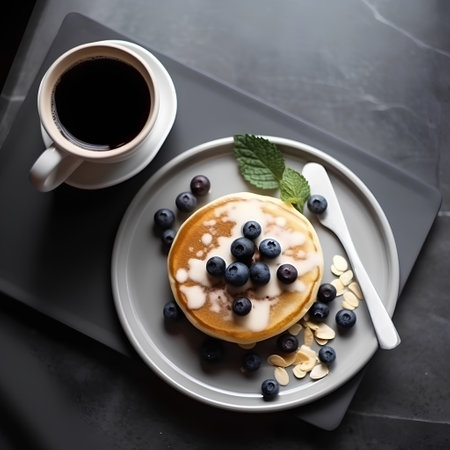 Pancakes with blueberries and a cup of coffee on a black backgroundの素材