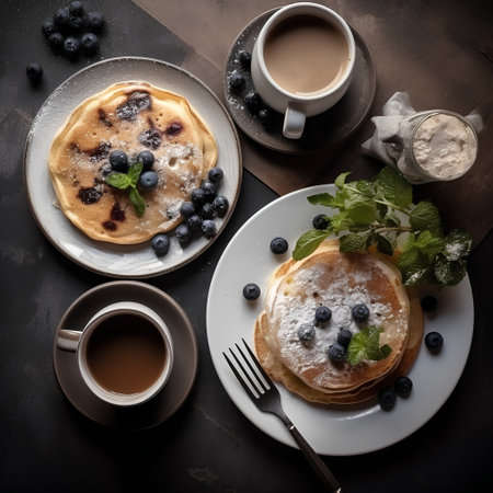 Pancakes with blueberries and coffee on dark background, top viewの素材
