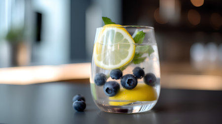 Lemonade with blueberries, lemon and mint in a glass on a dark background.の素材