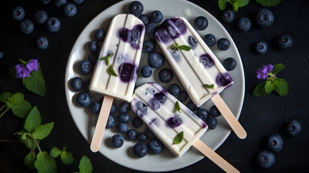 Homemade blueberry ice cream popsicles with fresh blueberries and mint on a dark background, top viewの素材