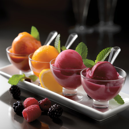 Delicious ice cream with fresh fruits on a black background. Selective focus.の素材