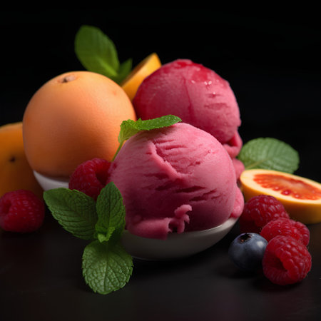Scoops of ice cream with fruits and mint on a black backgroundの素材
