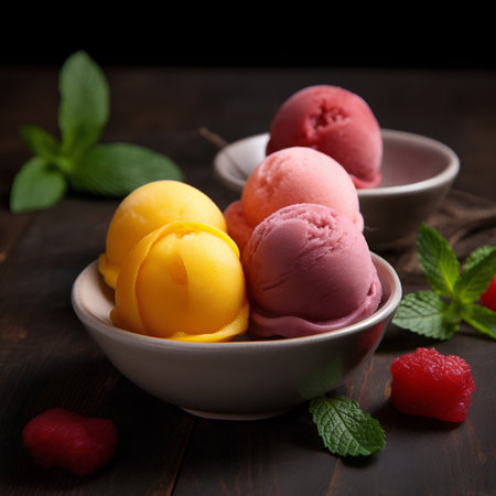 Mango, raspberry and vanilla ice cream in bowl on wooden backgroundの素材