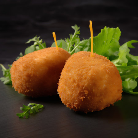 Breaded mozzarella cheese croquettes on black backgroundの素材