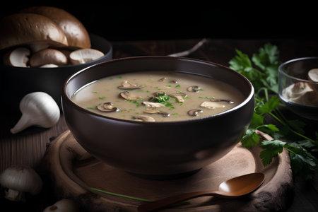 Mushroom soup in a bowl on a dark wooden background.の素材