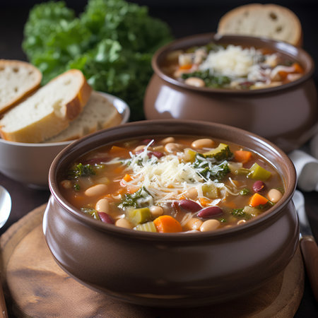 Vegetable soup with beans and parmesan cheese in clay potの素材