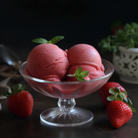 Strawberry ice cream scoops in glass bowl on dark backgroundの素材