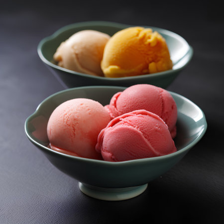 Scoops of ice cream in bowls on a black background.の素材