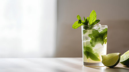 Mojito Cocktail with lime and mint on wooden table.の素材
