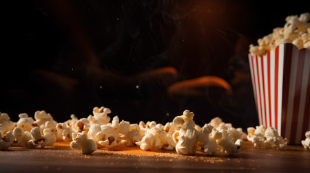 Popcorn on a wooden table with a fire in the background.の素材