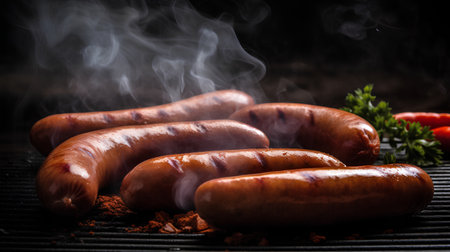 Grilled sausages with herbs and spices on a black backgroundの素材