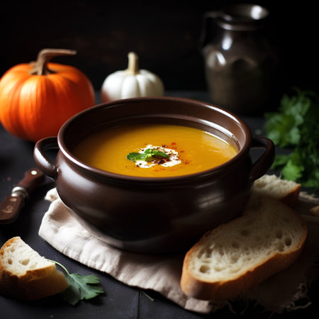 Pumpkin soup with cream and parsley in a bowl on a dark background. Selective focus.の素材