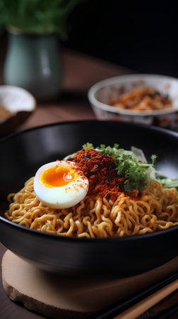 Instant noodles with egg in black bowl on wooden table, closeupの素材