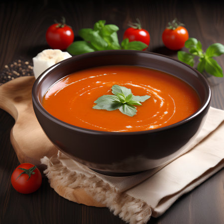 Tomato soup in a bowl on a wooden background. Selective focus.