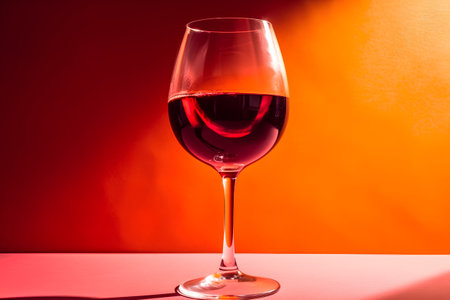 Glass of red wine on a red background with rays of light.の素材