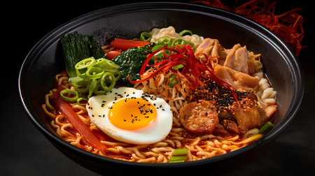 Japanese udon noodles with pork, egg and vegetables on black backgroundの素材
