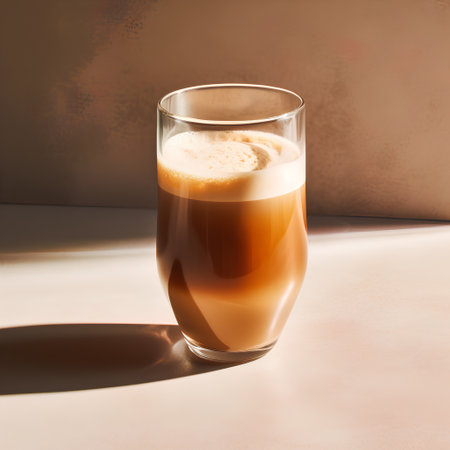 coffee in a glass on a beige background with a shadowの素材