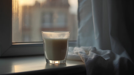 Glass of milk on the windowsill in the morning. Selective focus.の素材