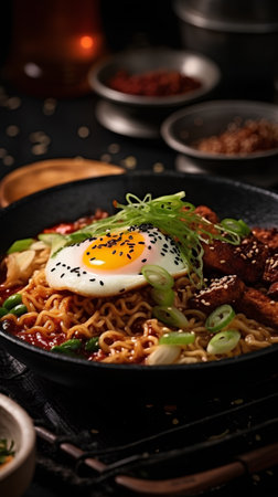 jajangmyeon, Korean spicy instant noodle with fried eggの素材