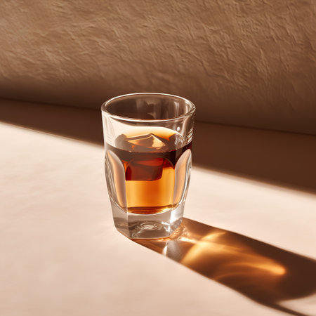 Glass of whiskey with ice on a beige background with hard shadowsの素材