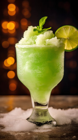 Mojito cocktail in glass with ice cubes and lime on dark backgroundの素材