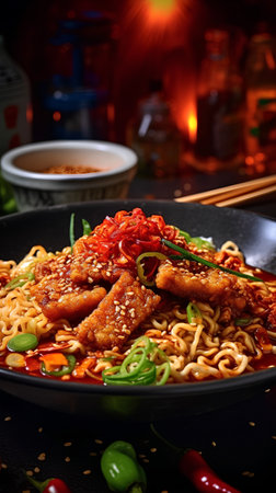 Noodles with chicken and vegetables in black bowl on black backgroundの素材