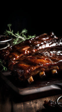 Grilled spare ribs on a wooden cutting board. Dark background.の素材