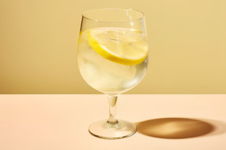 Glass of water with lemon and ice cubes on a beige backgroundの素材