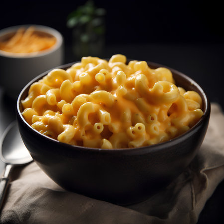 Macaroni and cheese in a bowl on a black background.の素材