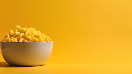 Macaroni in a bowl on a yellow background. Copy space.の素材