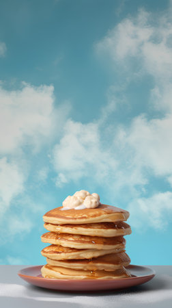 Stack of pancakes with sour cream on a plate, blue sky backgroundの素材