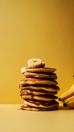 stack of tasty pancakes with banana on yellow background, food closeupの素材