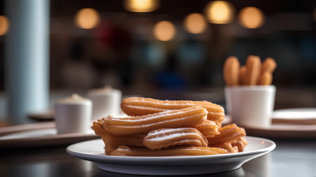 Close up view of a plate of churros on a tableの素材