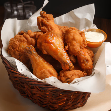 Fried chicken drumsticks in a basket with mayonnaise sauceの素材