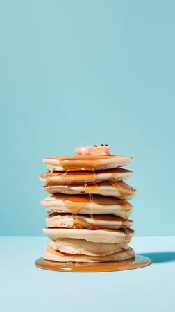 Stack of pancakes with honey on blue background. Minimal food concept.の素材