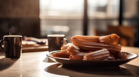 Cup of coffee and churros on a table in a cafeの素材