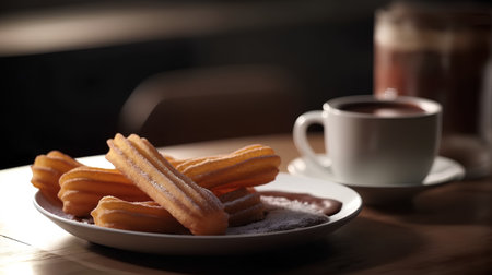 Churros and coffee on the wooden table. Selective focus.の素材