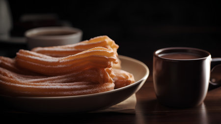 Churros with coffee on a dark background. Selective focus.の素材