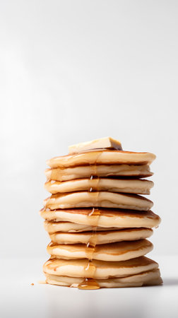 Stack of pancakes with maple syrup on white background. Close up.の素材