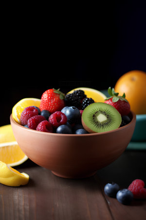 Fruit salad in a bowl on a wooden table. Black background.の素材