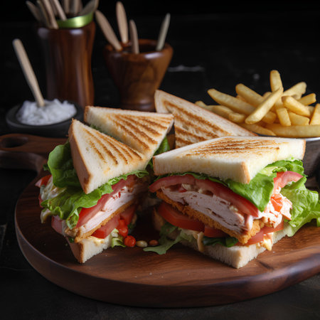 Club sandwich with chicken, cheese and vegetables on a dark background.の素材