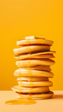 Stack of pancakes with honey on yellow background. Minimal style.の素材