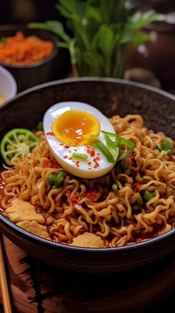 Korean spicy instant noodle ramen with egg, selective focusの素材