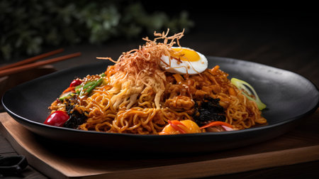 jjamppong, Korean spicy instant noodle with egg on wooden backgroundの素材