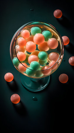 Colorful candies in a glass bowl on a dark background.の素材