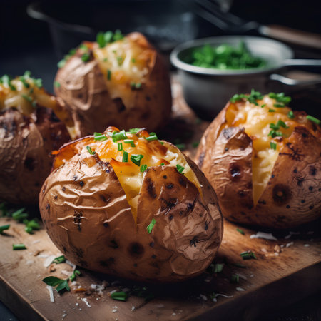 Baked potatoes with cheese and herbs on wooden board, selective focusの素材