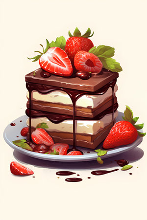 Piece of chocolate cake with strawberries and mint. Vector illustration.の素材