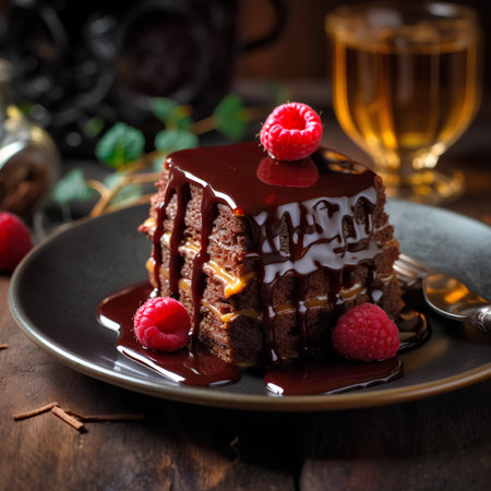 Chocolate cake with raspberries and chocolate sauce on a wooden tableの素材