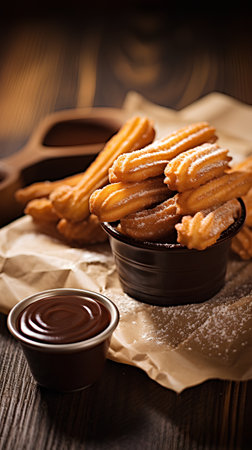 Churros with chocolate sauce on wooden background. Selective focus.の素材